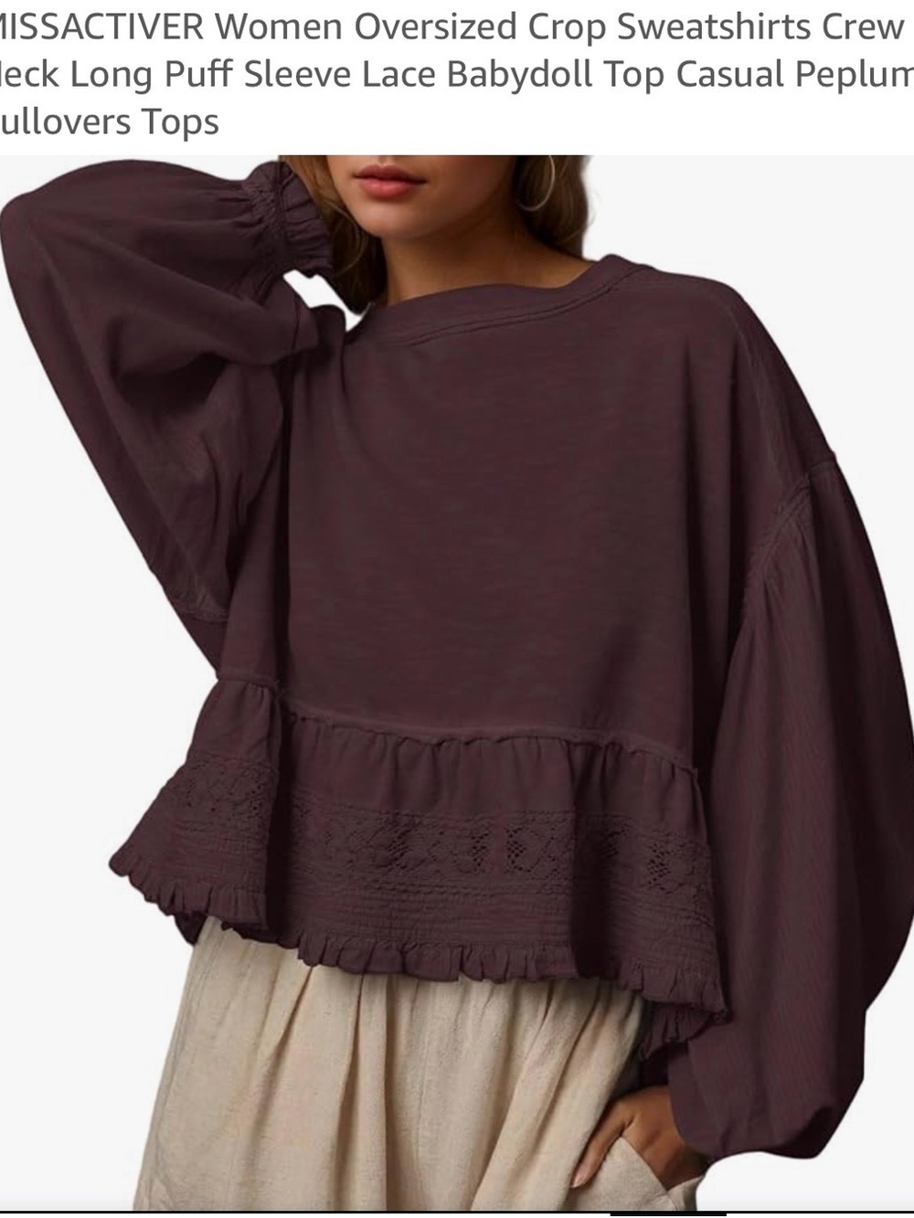 Oversized Lace Peplum Pullover Sweatshirt - Brown